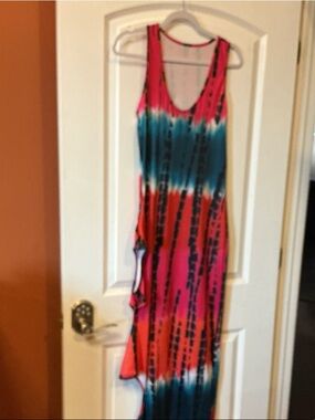 Sleeveless Tie-Dye Maxi Dress in Pink, Teal & Coral